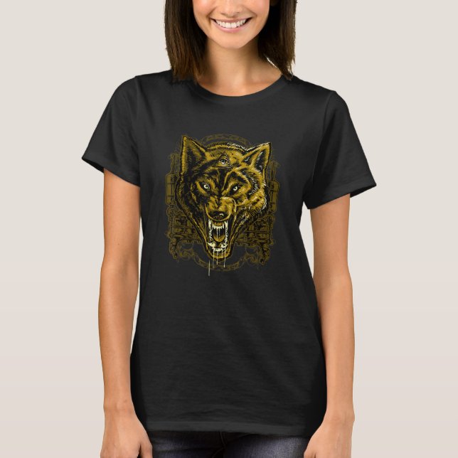 Golden Angry Illuminati Wolf T-Shirt (Front)