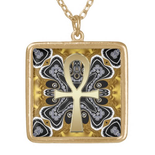 Golden Ankh symbol of life Tribal geometry pattern Gold Plated Necklace