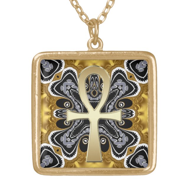 Golden Ankh symbol of life Tribal geometry pattern Gold Plated Necklace (Front)