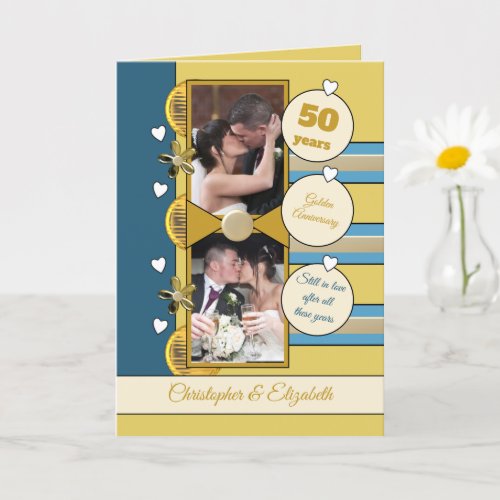 Golden Anniversary 50 years gold and blue photo Card