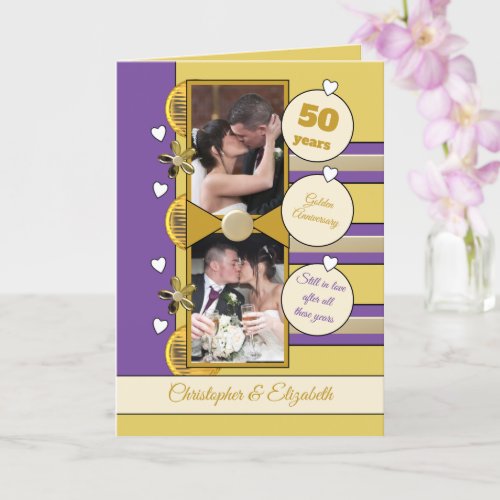 Golden Anniversary 50 years gold and purple photo Card