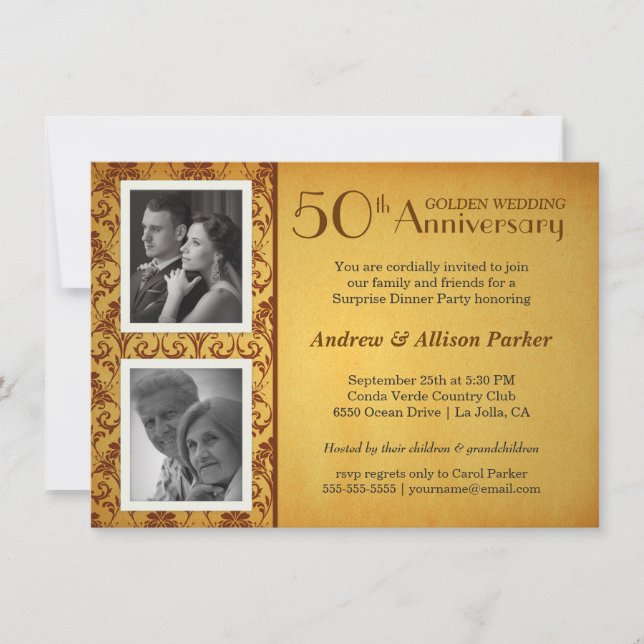 Golden Anniversary Damask 2 Photos Invitation (Front)
