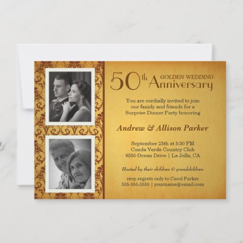 Golden Anniversary Damask 2 Photos Invitation