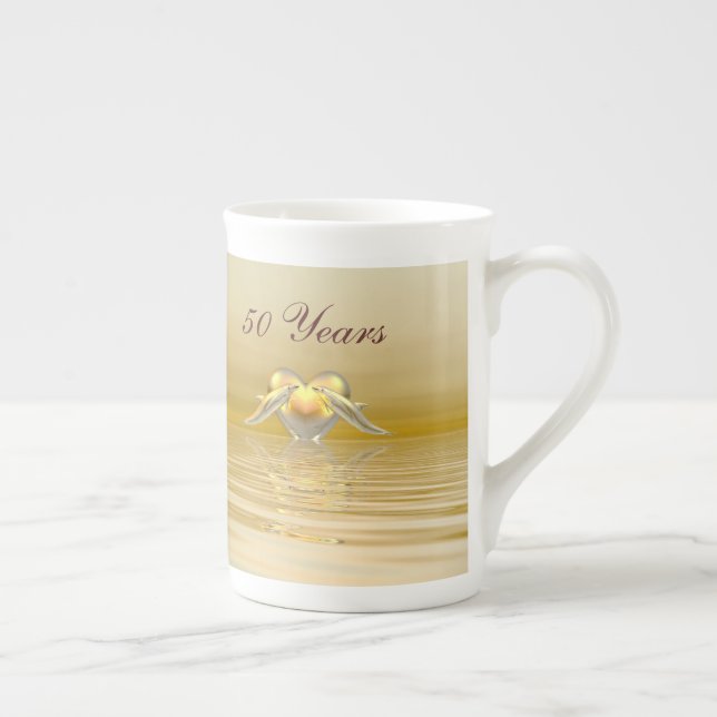 Golden Anniversary Dolphins and Heart Bone China Mug (Right)