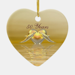 Golden Anniversary Dolphins and Heart Ceramic Ornament