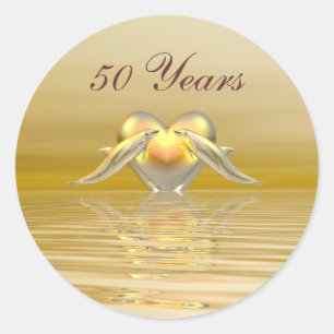 Golden Anniversary Dolphins and Heart Classic Round Sticker