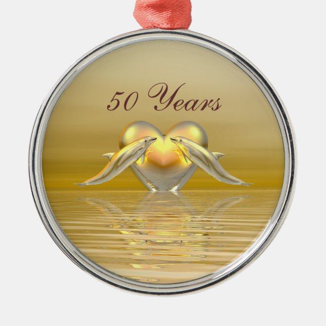 Golden Anniversary Dolphins and Heart Metal Ornament (Front)