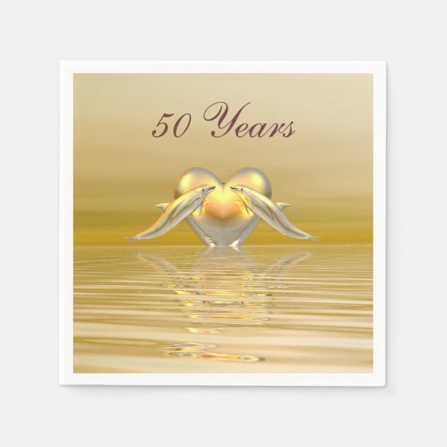 Golden Anniversary Dolphins and Heart Paper Napkins (Front)