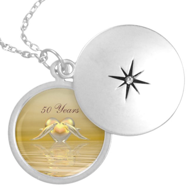 Golden Anniversary Dolphins and Heart Silver Plated Necklace (Front)
