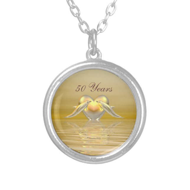Golden Anniversary Dolphins and Heart Silver Plated Necklace (Front)