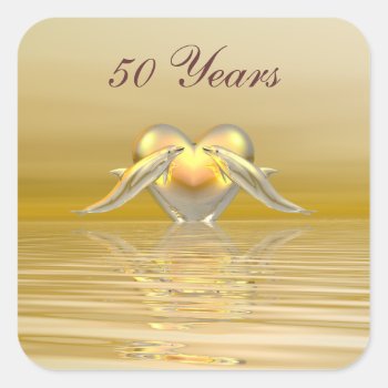 Golden Anniversary Dolphins And Heart Square Sticker by Peerdrops at Zazzle
