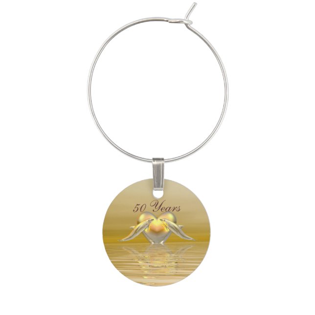 Golden Anniversary Dolphins and Heart Wine Glass Charm (Front)