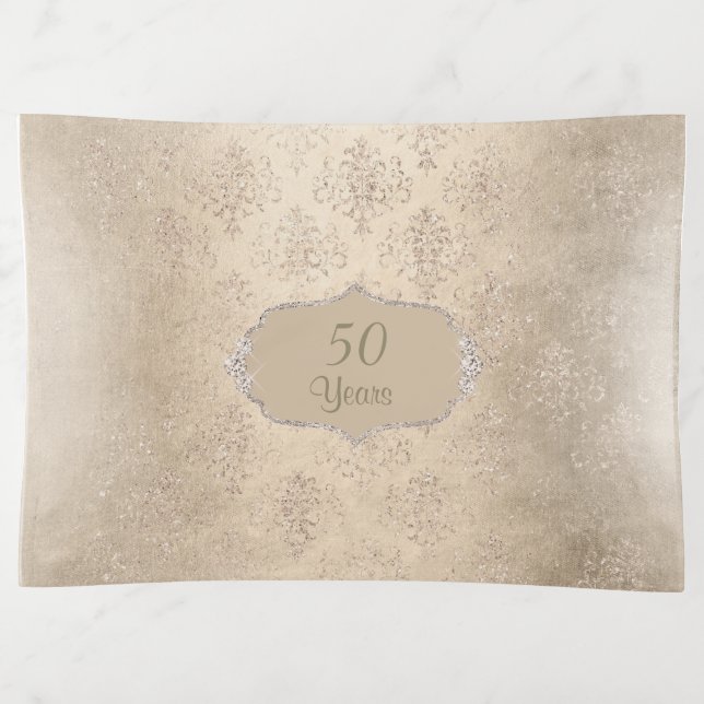 Golden Anniversary Faux Diamond Damask Pattern Trinket Tray (Front)