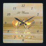 Golden Anniversary Hearts Square Wall Clock<br><div class="desc">Wall clock with my artwork of an all-golden and yellow scene with two golden hearts floating on water. Customizable text says "50 Years".</div>