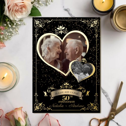 Golden Anniversary Love Heart Then  Now Photo Foil Invitation
