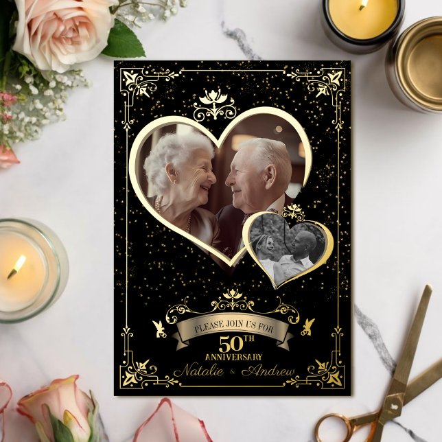 Golden Anniversary Love Heart Then & Now Photo Foil Invitation (Creator Uploaded)