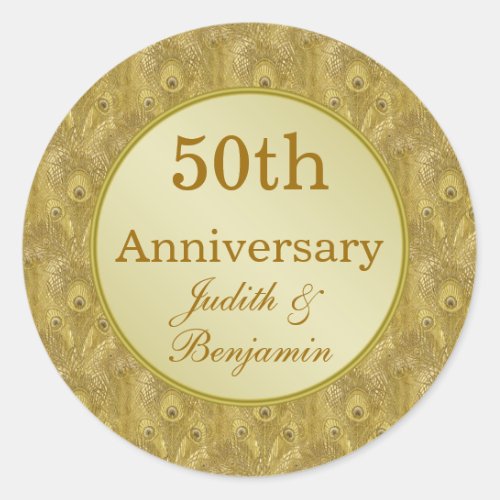 Golden Anniversary on golden peacock background Classic Round Sticker