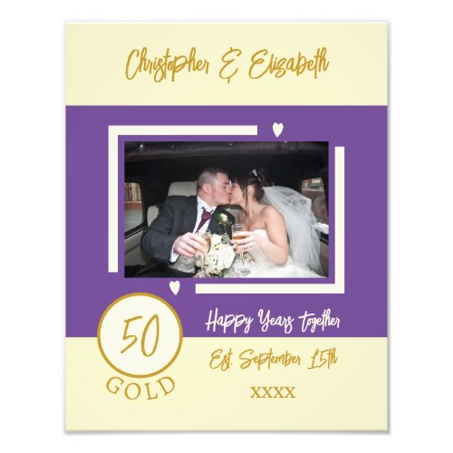 Golden anniversary personalized names purple photo print