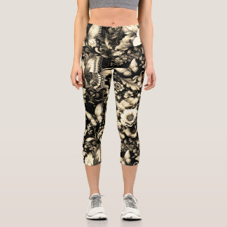Golden Antique Floral with Butterflies Capri Leggings
