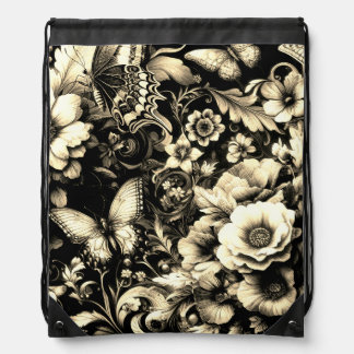  Golden Antique Floral with Butterflies  Drawstring Bag