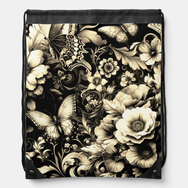  Golden Antique Floral with Butterflies  Drawstring Bag (Front)