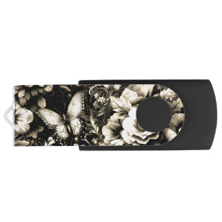 Golden Antique Floral with Butterflies Flash Drive