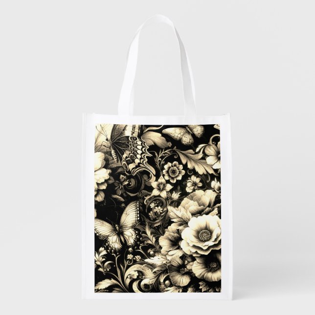  Golden Antique Floral with Butterflies  Grocery Bag (Front)