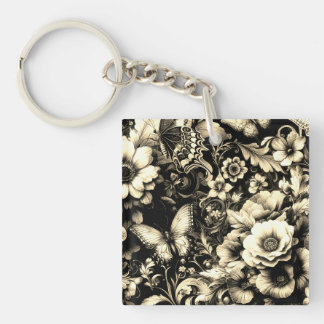 Golden Antique Floral with Butterflies Keychain