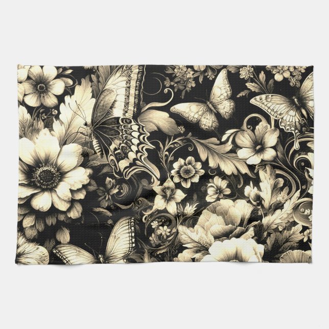  Golden Antique Floral with Butterflies  Kitchen Towel (Horizontal)