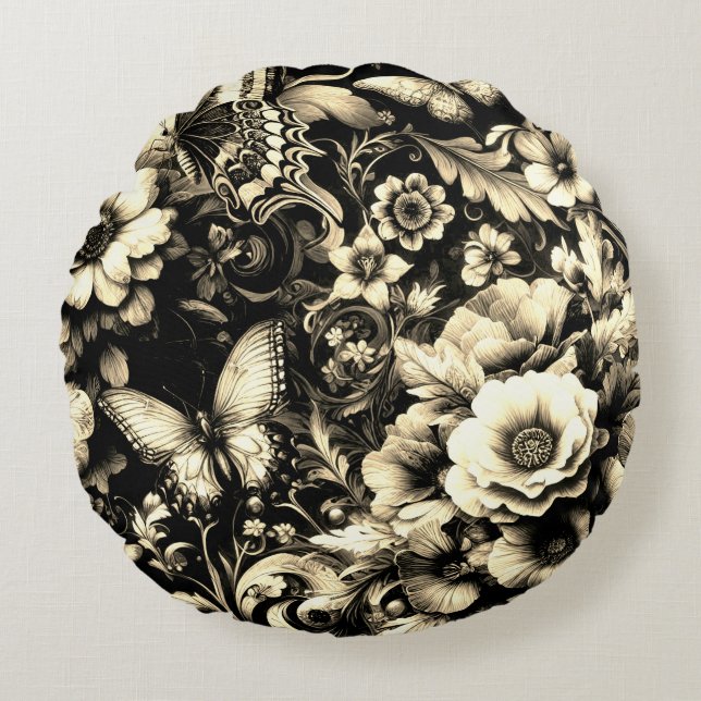  Golden Antique Floral with Butterflies  Round Pillow (Front)