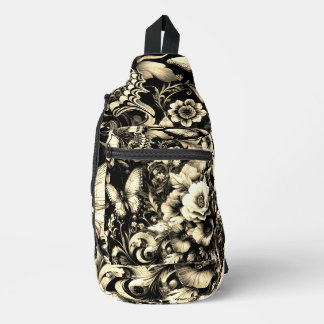 Golden Antique Floral with Butterflies Sling Bag
