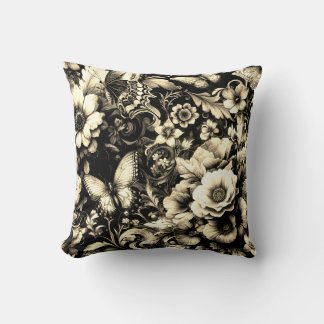 Golden Antique Floral with Butterflies Throw Pillow