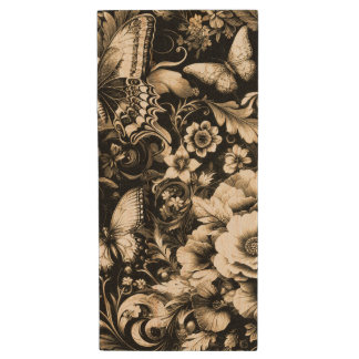 Golden Antique Floral with Butterflies Wood Flash Drive