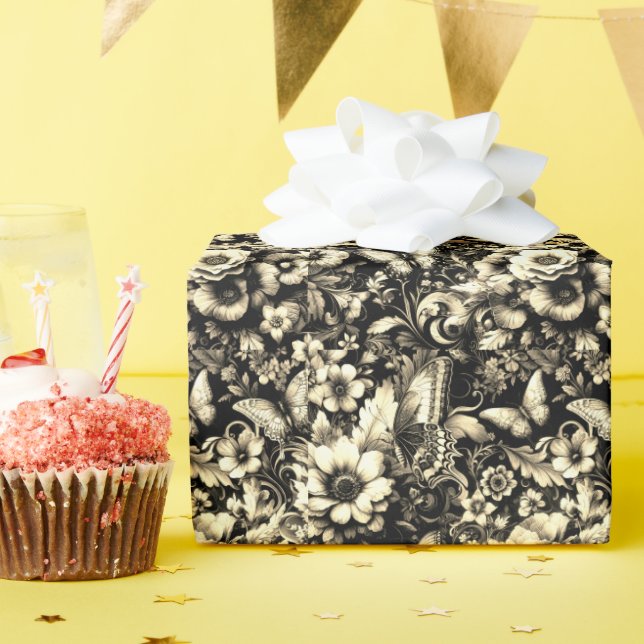  Golden Antique Floral with Butterflies  Wrapping Paper (Birthday Party)