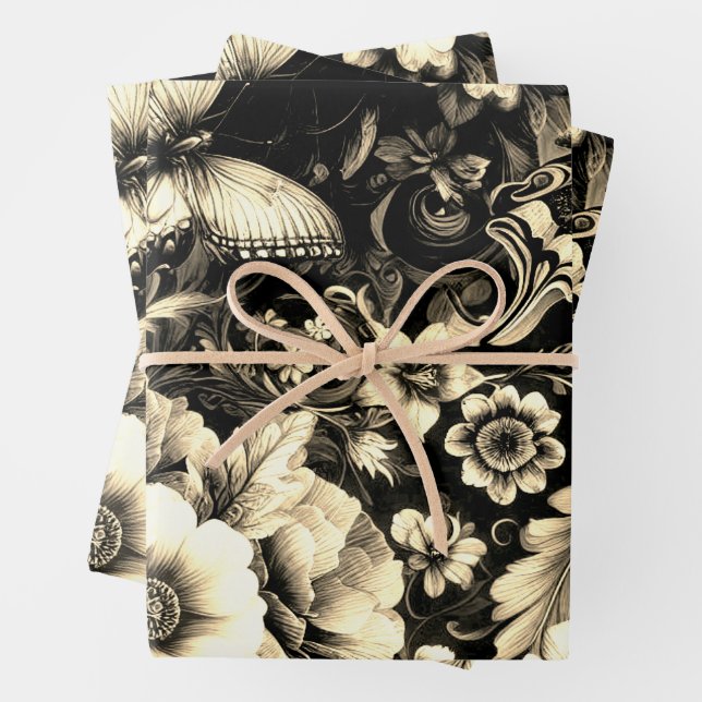  Golden Antique Floral with Butterflies  Wrapping Paper Sheets (In situ)