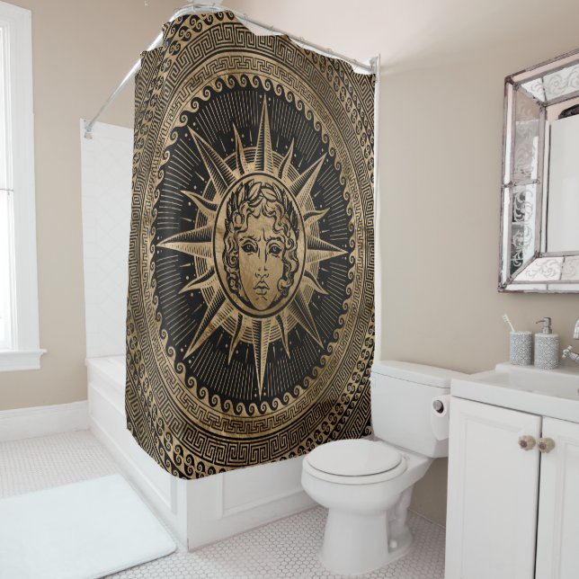 Golden Apollo Sun God on Greek Key Ornament Shower Curtain (In Situ)