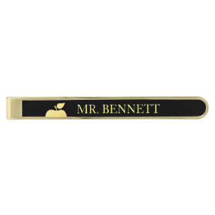 Golden Apple Custom Name Teacher Gold Finish Tie Clip