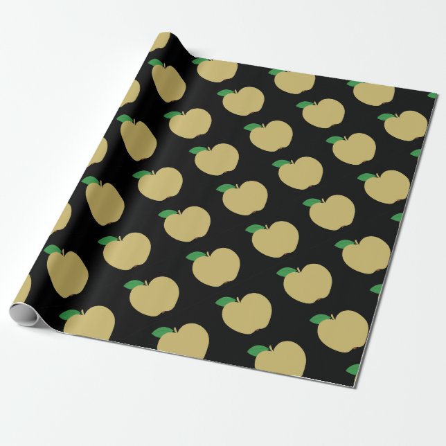 Golden Apple on Black Wrapping Paper (Unrolled)
