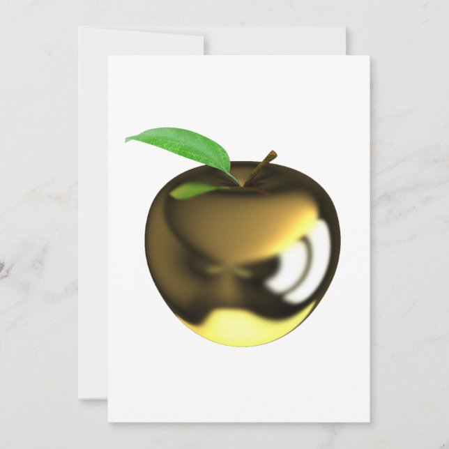 Golden Apple with Leaf Shiny Metallic Invitation (Front)