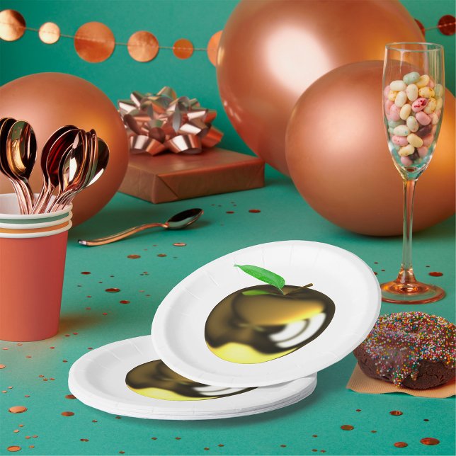 Golden Apple with Leaf Shiny Metallic Paper Plates (Creator Uploaded)