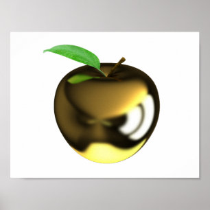 Golden Apple with Leaf Shiny Metallic Poster