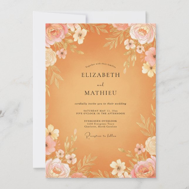 Golden Apricot Peony Wedding Invitation (Front)