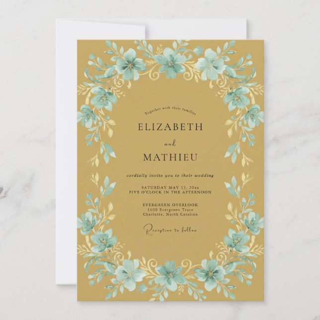 Golden Aqua Leafy Wedding Invitation (Front)