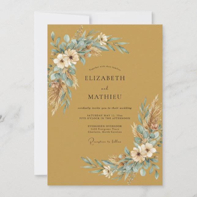 Golden Aqua Pampas Eucalyptus Wedding Invitation (Front)