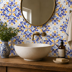 Golden Arabesque Elegant Blue Floral Mosaic Ceramic Tile