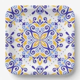 Golden Arabesque Elegant Blue Floral Mosaic Paper Plates