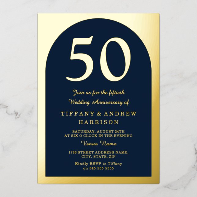 Golden Arch Navy 50th Wedding Anniversary Gold Foil Invitation (Front)