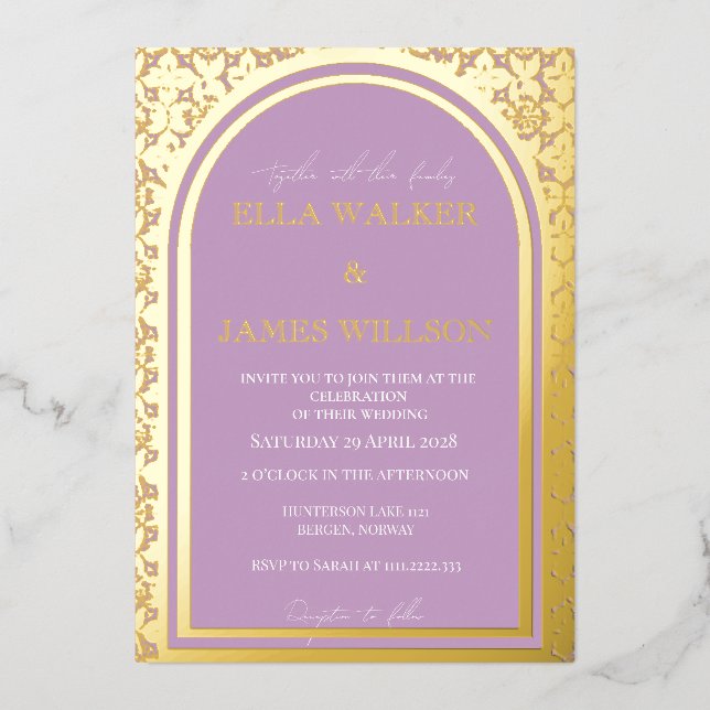 Golden Arch Regal Lilac (Solid) Foil Invitation (Front)
