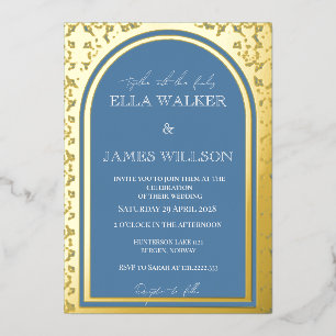 Golden Arch Regal White & Dusty Blue (Solid) Foil Invitation