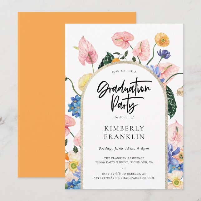 Golden Arch Summer Floral Graduation Party Invitat Invitation (Front/Back)